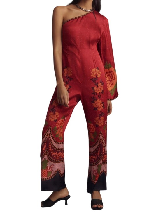FARM Rio Pants - Farm Rio Anthropologie One Shoulder Jumpsuit Sz M Red Floral Satin Boho Festival